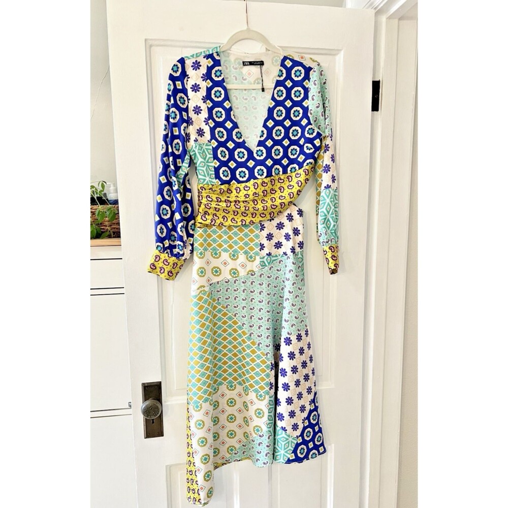Zara Patchwork Print Midi Dress Cut Out Size S Coastal Vacation Holiday Boho
